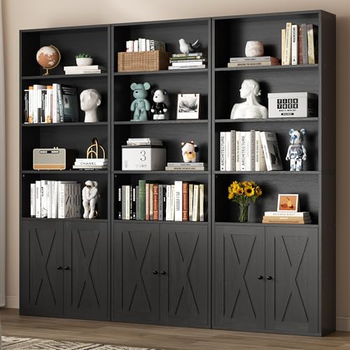 Bookshelf, Industrial Bookshelves and Bookcases with Doors Floor Standing 6 Shelf Display Storage Shelves 70.9 inches Tall Bookcase for Home Office, Living Room (Black)