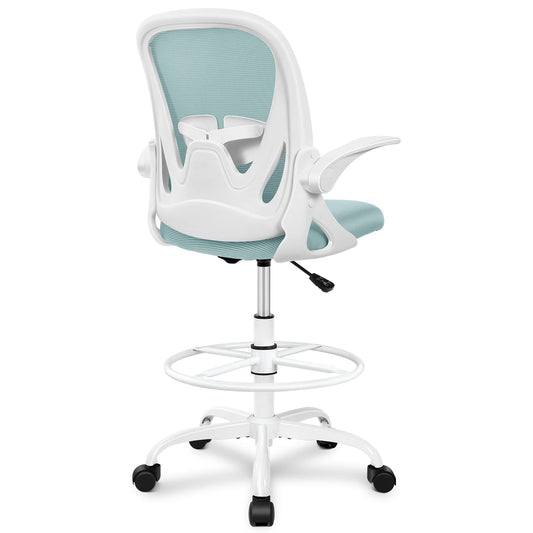 Primy Drafting Chair Tall Office Chair with Flip-up Armrests Executive Ergonomic Computer Standing Desk Chair with Lumbar Support and Adjustable Footrest Ring(Light Blue)