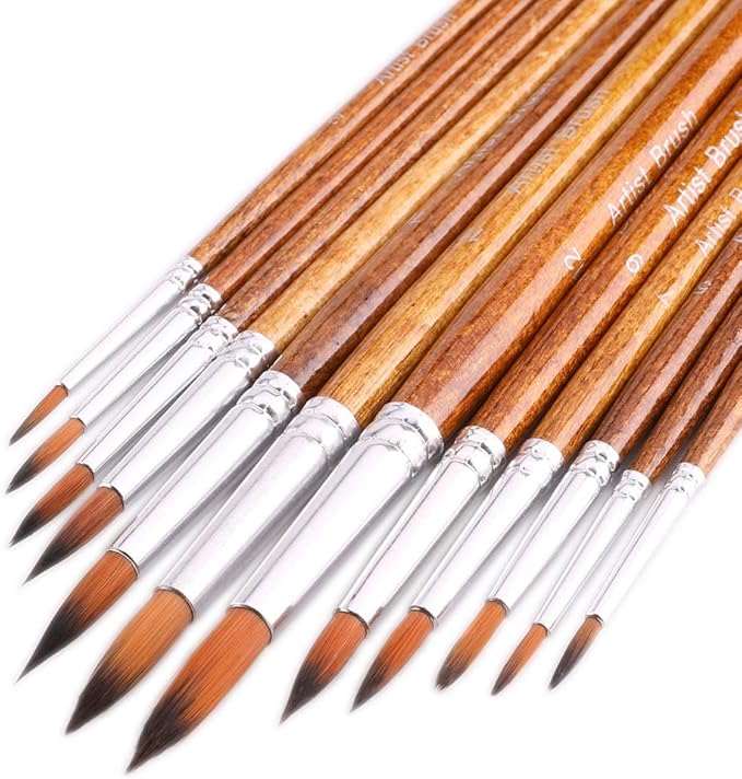 Artist Watercolor Paint Brushes, Round Pointed Tip Paint Brushes Set, 12pcs Different Sizes