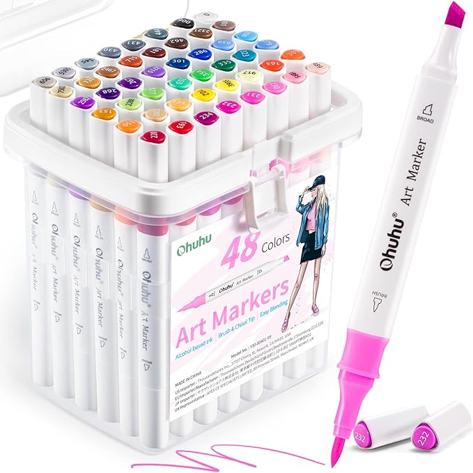 Ohuhu Alcohol Markers Brush Tip- 48 markers-Brush & Chisel