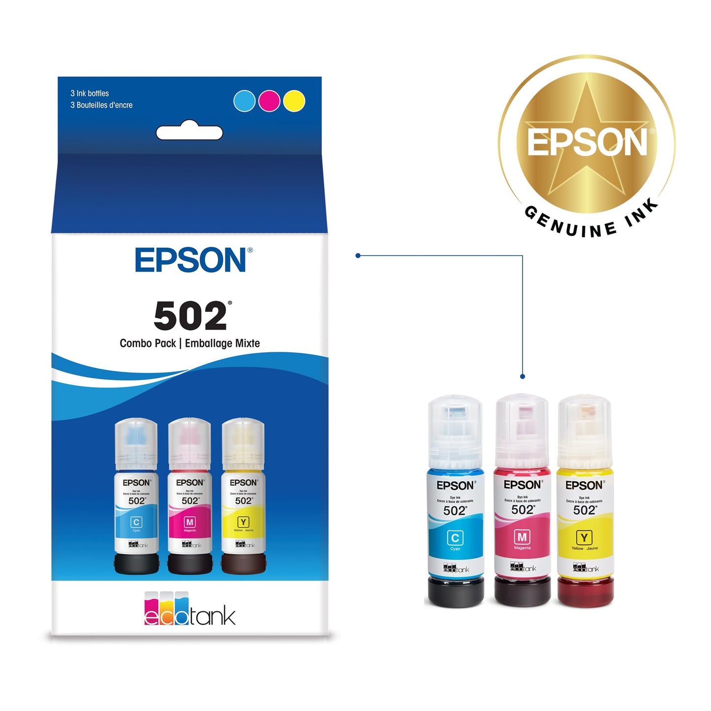 EPSON 502 EcoTank Ink Ultra-high Capacity Bottle Color Combo Pack Works with ET-2850, ET-2980, ET-2988, ET-3850, ET-3930, ET-3950, ET-4850, ET-4950 and other select EcoTank models