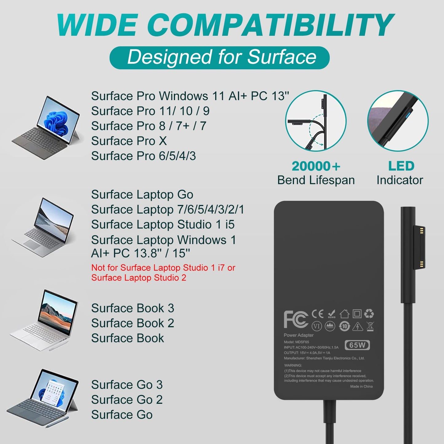 Power Adapter for Windows Surface Laptop 7/6/5/4/3/2/1