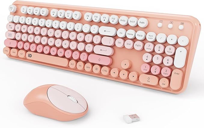 Wireless Keyboard and Mouse Combo, 2.4GHz Colorful Cute Round Keycaps Keyboard for Office Computer PC Desktops Laptop