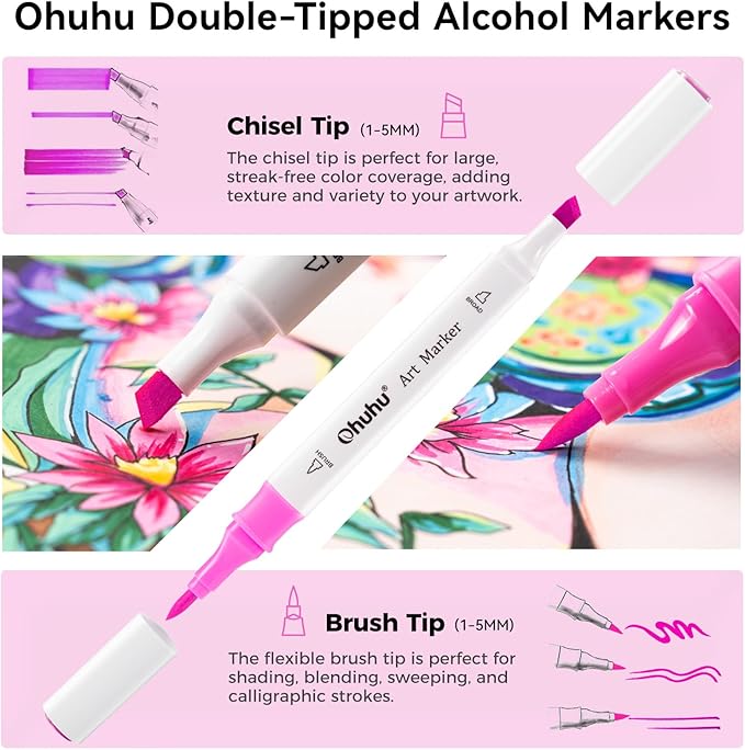 Ohuhu Alcohol Markers Brush Tip- 48 markers-Brush & Chisel