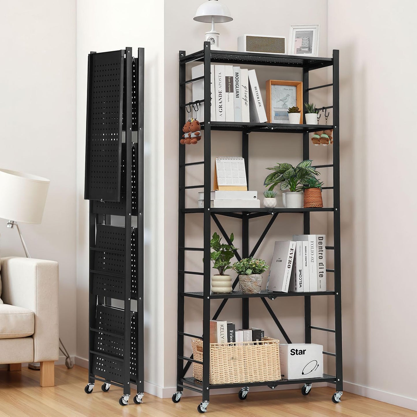 5-Tier Foldable Storage Shelf, 28W x 13D x 66H Inch Folding Metal Rack Shelving Unit