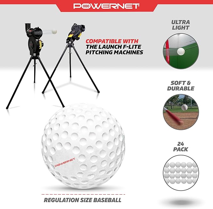 PowerNet Launch F-lite Baseball Pitching, Dimpled Practice Balls- PE