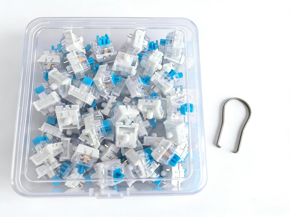 50 PCS 3 PIN Dustproof Blue Clicky Mechanical Keyboard Switches with Puller & Clear Storage Box, Accurate Typing Replacement for LED/Gaming Keyboards & 3D Prints