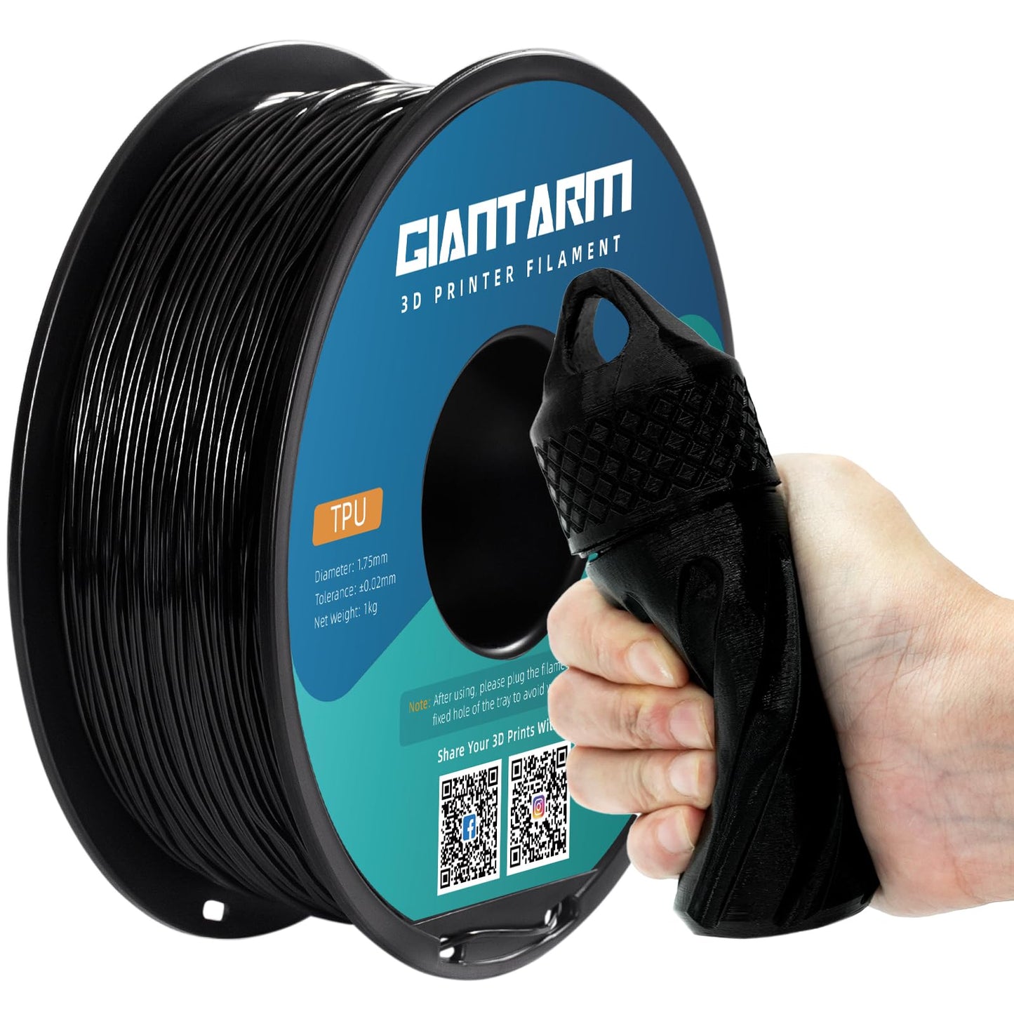 Flexible Soft- GIANTARM TPU Filament 1.75mm, Black, 95A 1kg Spool (2.2 lbs.)