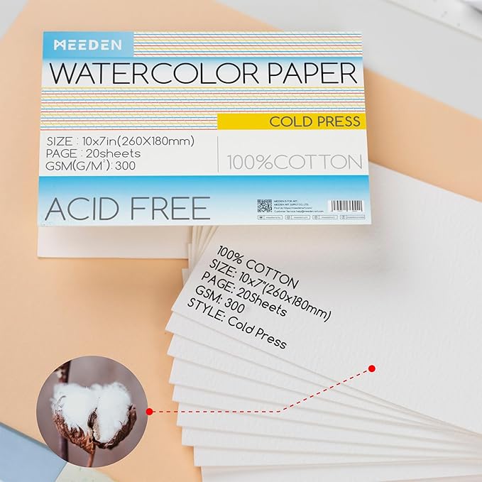 Watercolor Paper Block, 100% Cotton Watercolor Paper Pad of 20 Sheets