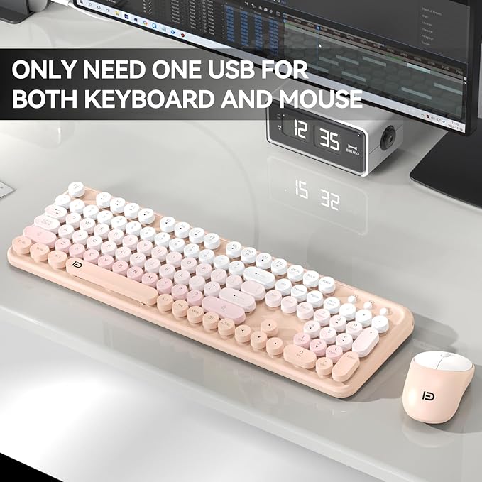 Wireless Keyboard and Mouse Combo, 2.4GHz Colorful Cute Round Keycaps Keyboard for Office Computer PC Desktops Laptop