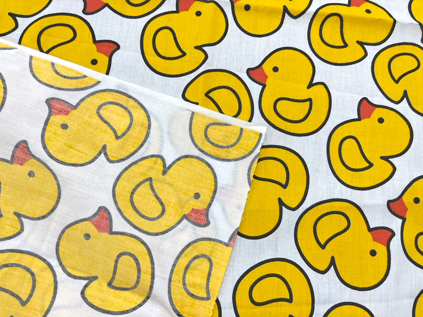 Fabric- 1 yard- Yellow Bird Happy Rubber Duck Printed On White Cotton Fabric