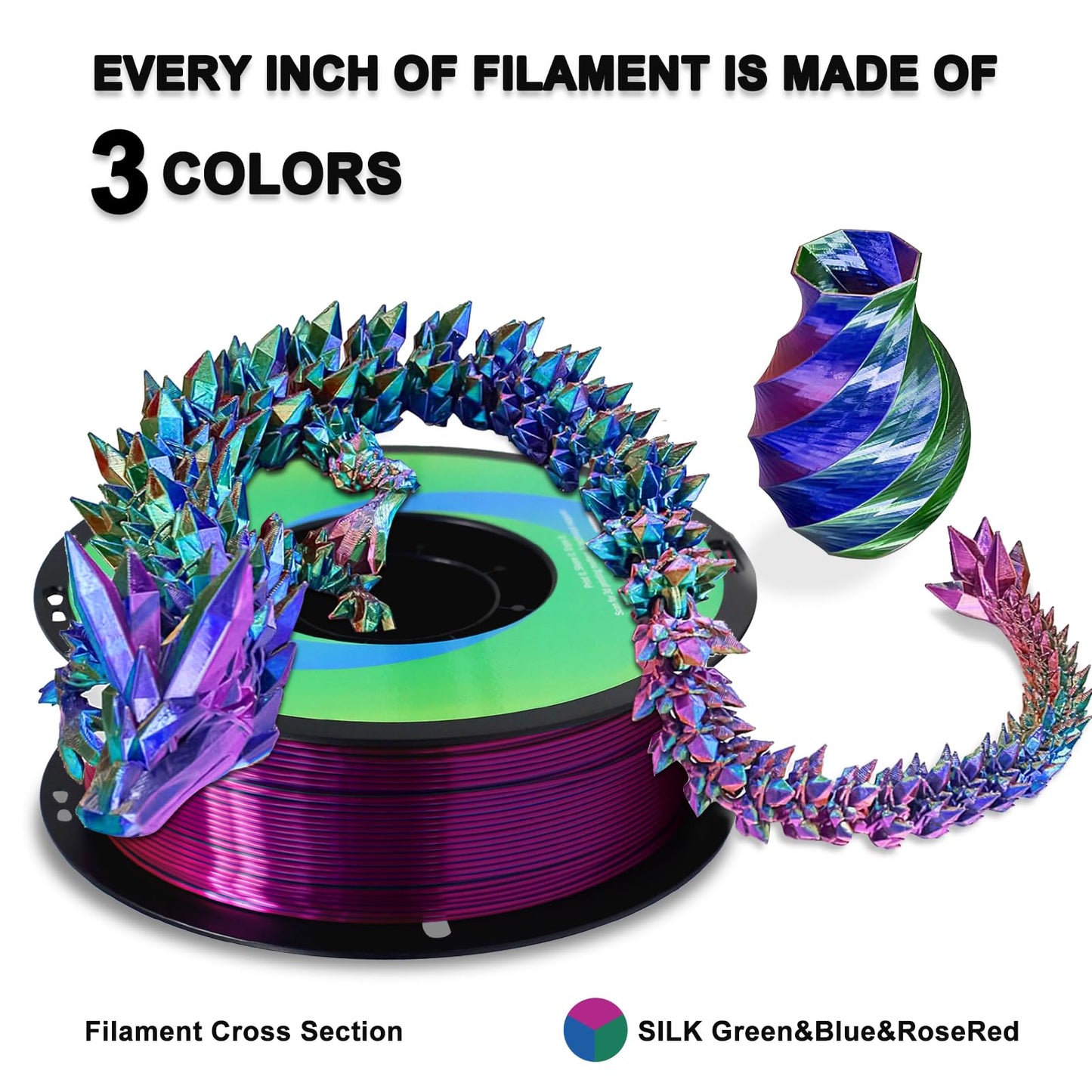 Tri Color PLA 3D Printer Filament, Pink-Blue-Green