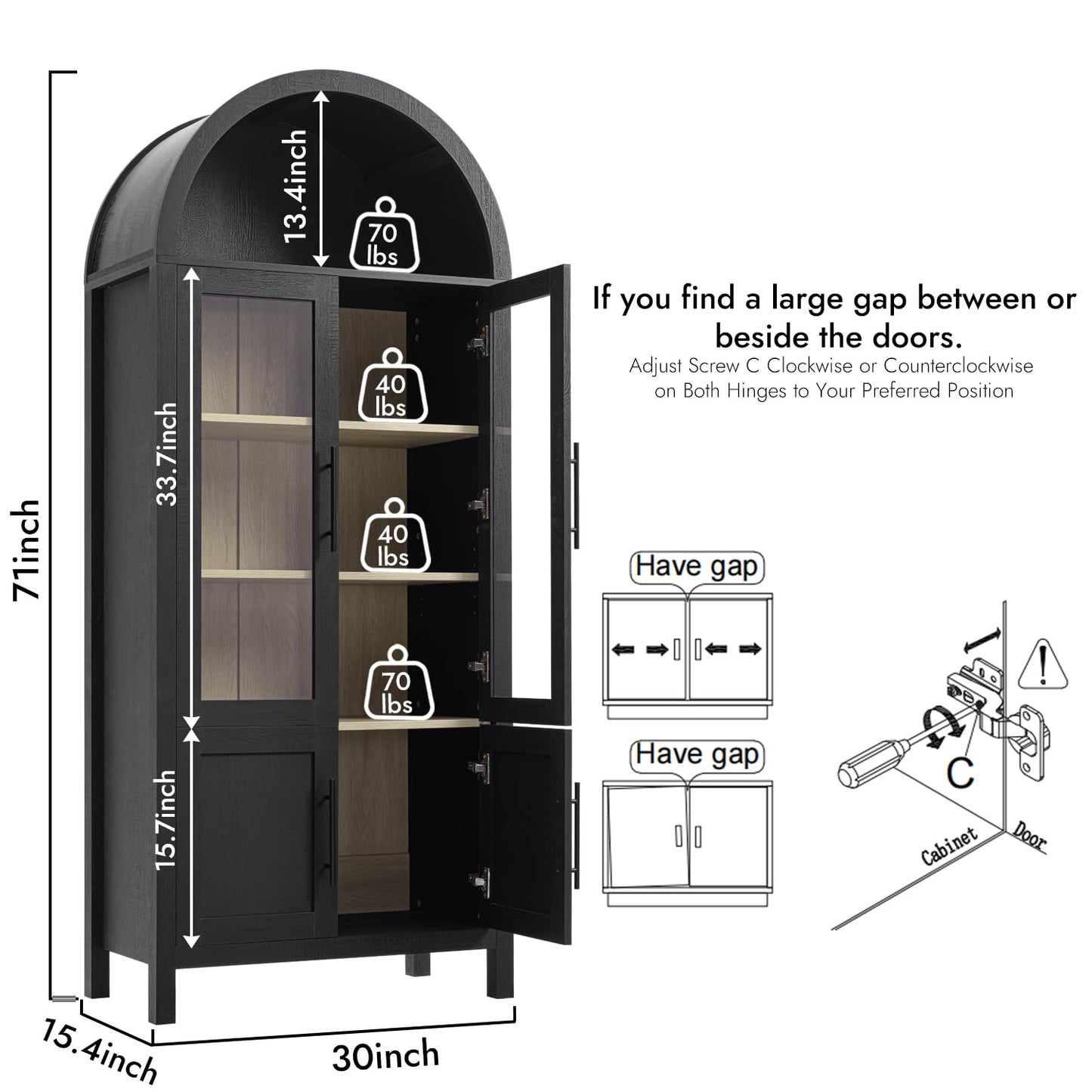 71" Tall Arched Display Cabinet, 5-Tier Bookshelf Modern Farmhouse Arched Bookcase with Glass Doors and Shelves