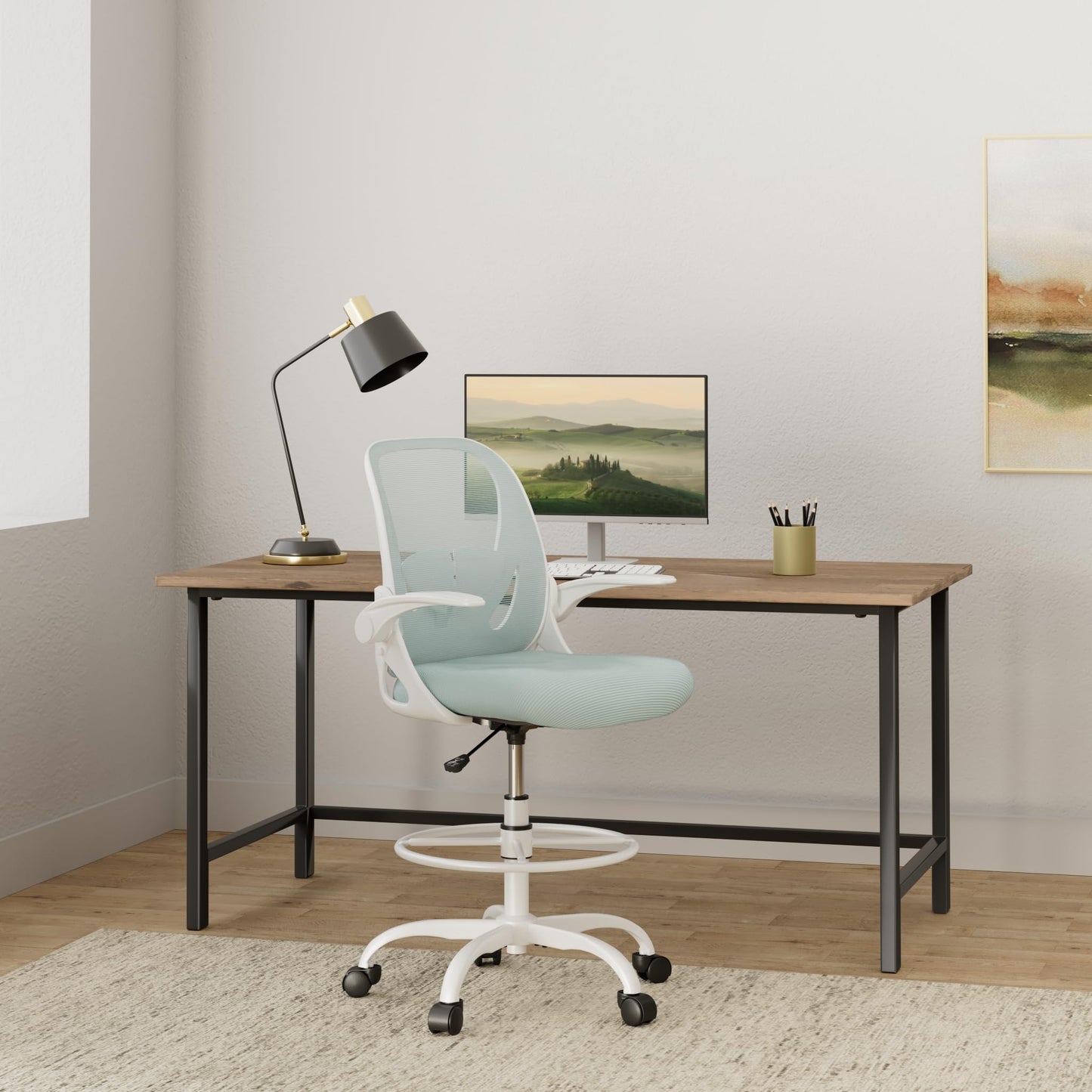 Primy Drafting Chair Tall Office Chair with Flip-up Armrests Executive Ergonomic Computer Standing Desk Chair with Lumbar Support and Adjustable Footrest Ring(Light Blue)