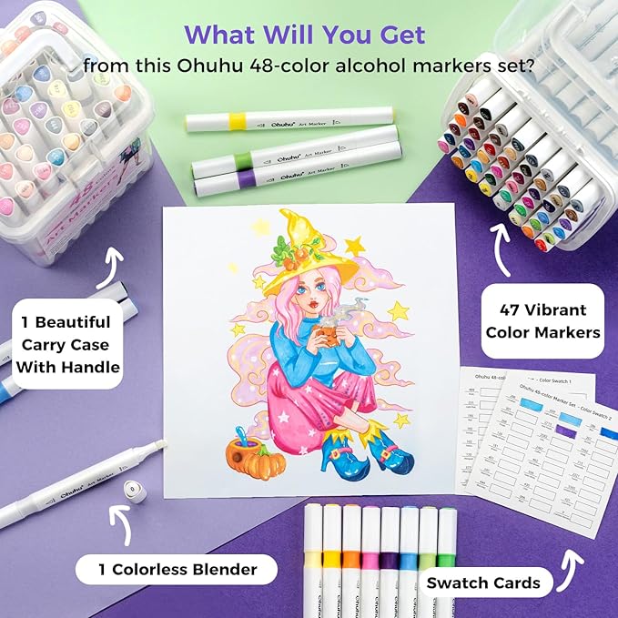 Ohuhu Alcohol Markers Brush Tip- 48 markers-Brush & Chisel