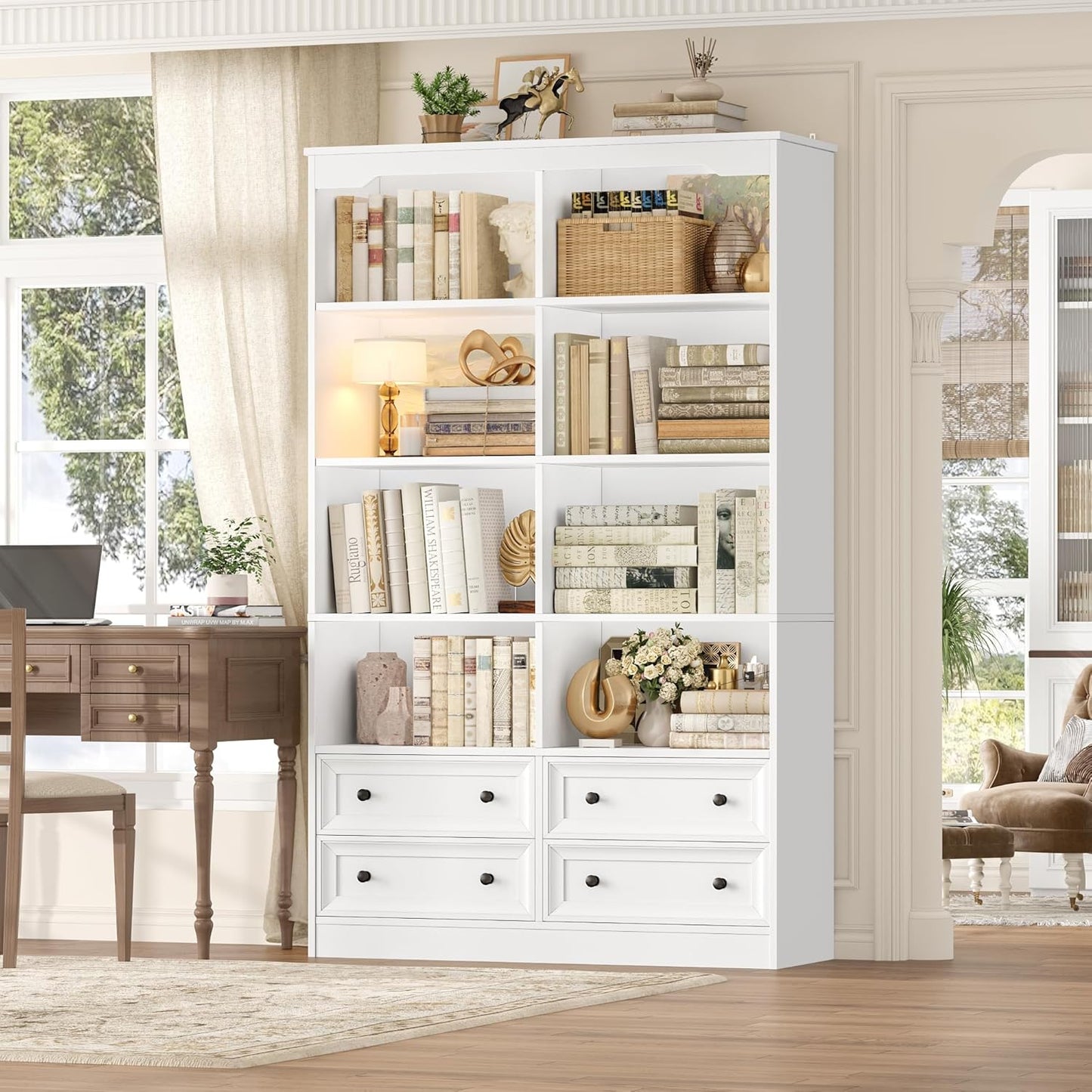 FINETONES 71" Tall Bookshelf with 4 Drawers, 6-Tier Double Wide Bookshelves and Bookcases with Storage, Green Bookshelf Large Open Bookshelves Standing Book Cabinet for Home Office