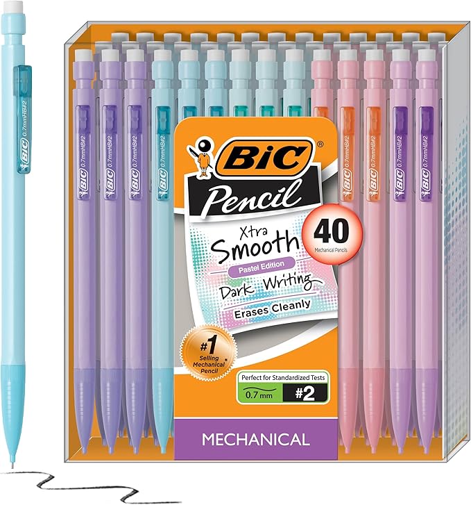 BIC Xtra-Smooth Pastel Mechanical Pencils with Erasers, Medium Point (0.7mm), 40-Count