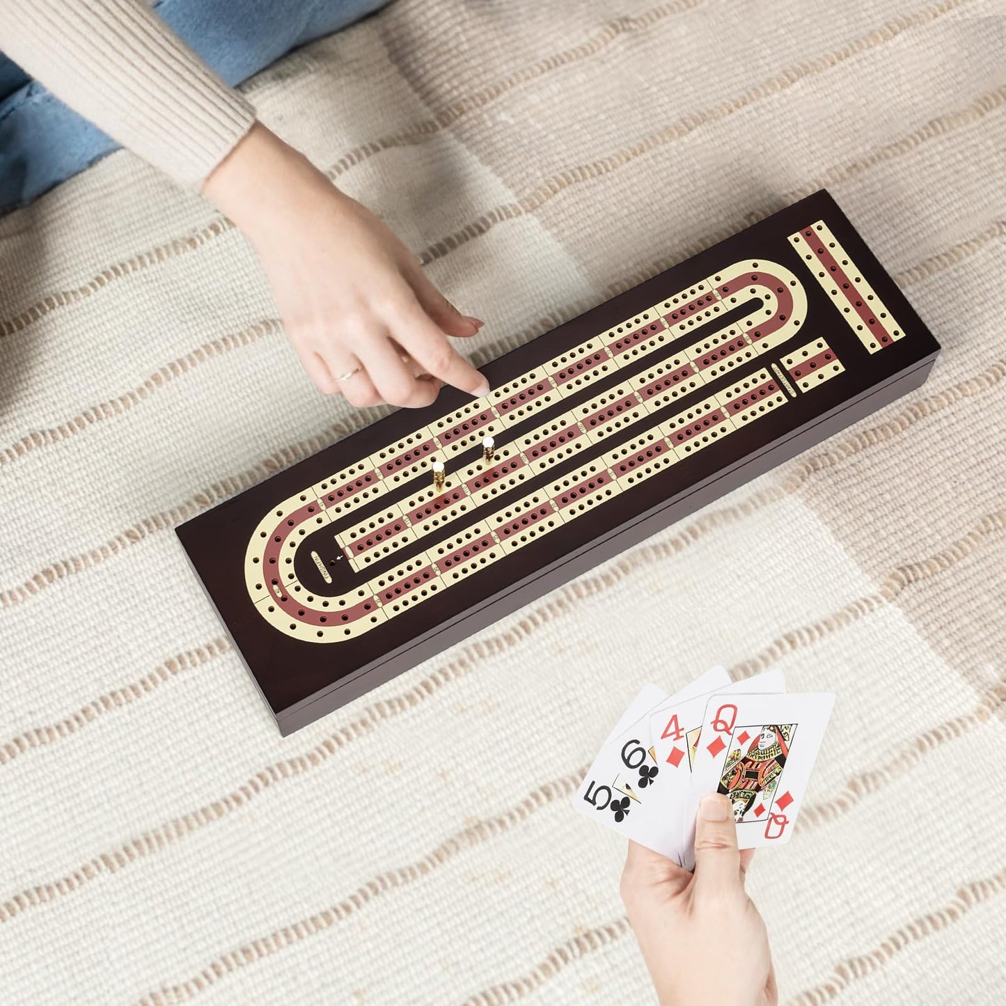 Cribbage Board Game Set, Wooden Board with Magnetic Lock and Metal Pegs