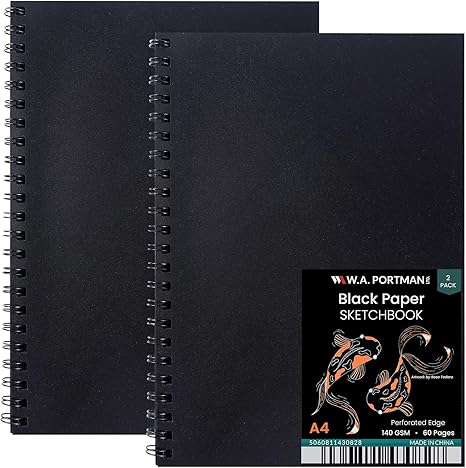 WA Portman Black Paper Sketchbook - 2-Pack A4 (8.3"x11.7") Black Drawing Paper