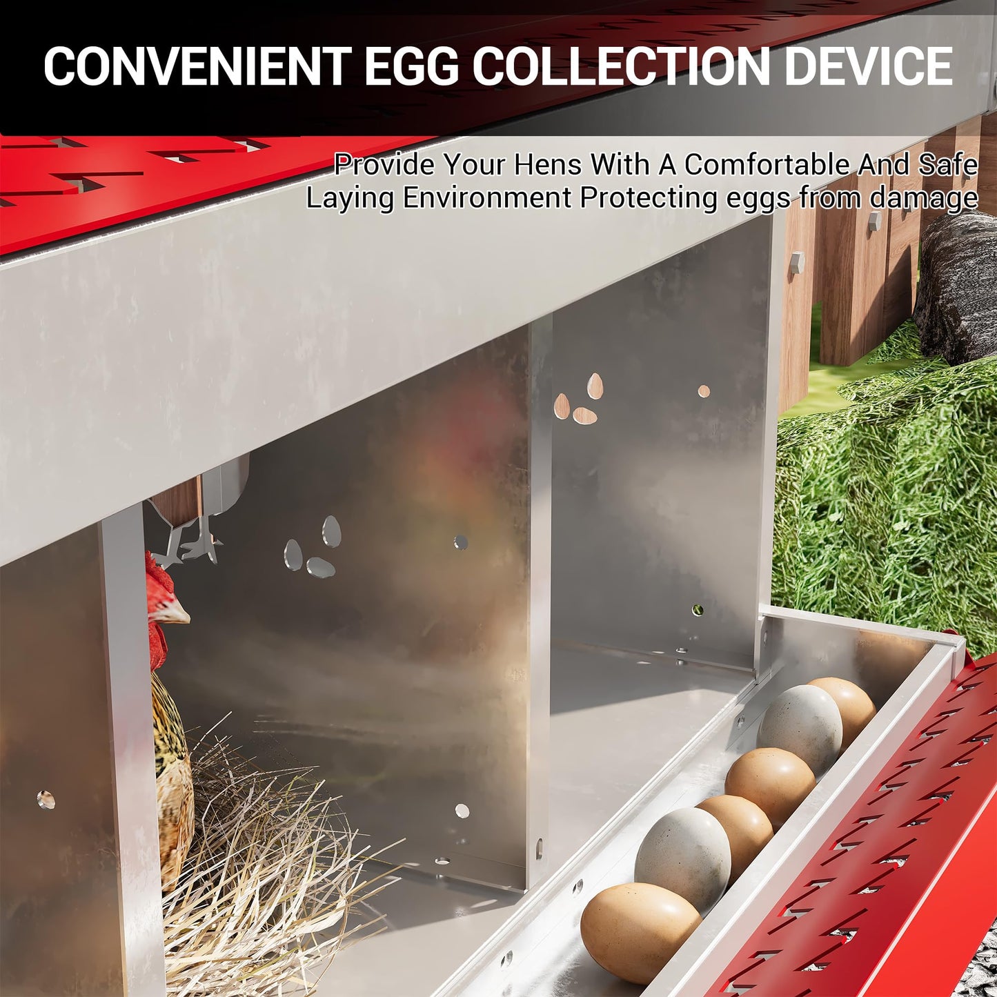 10 Hole Chicken Nesting Box, Red with Stand