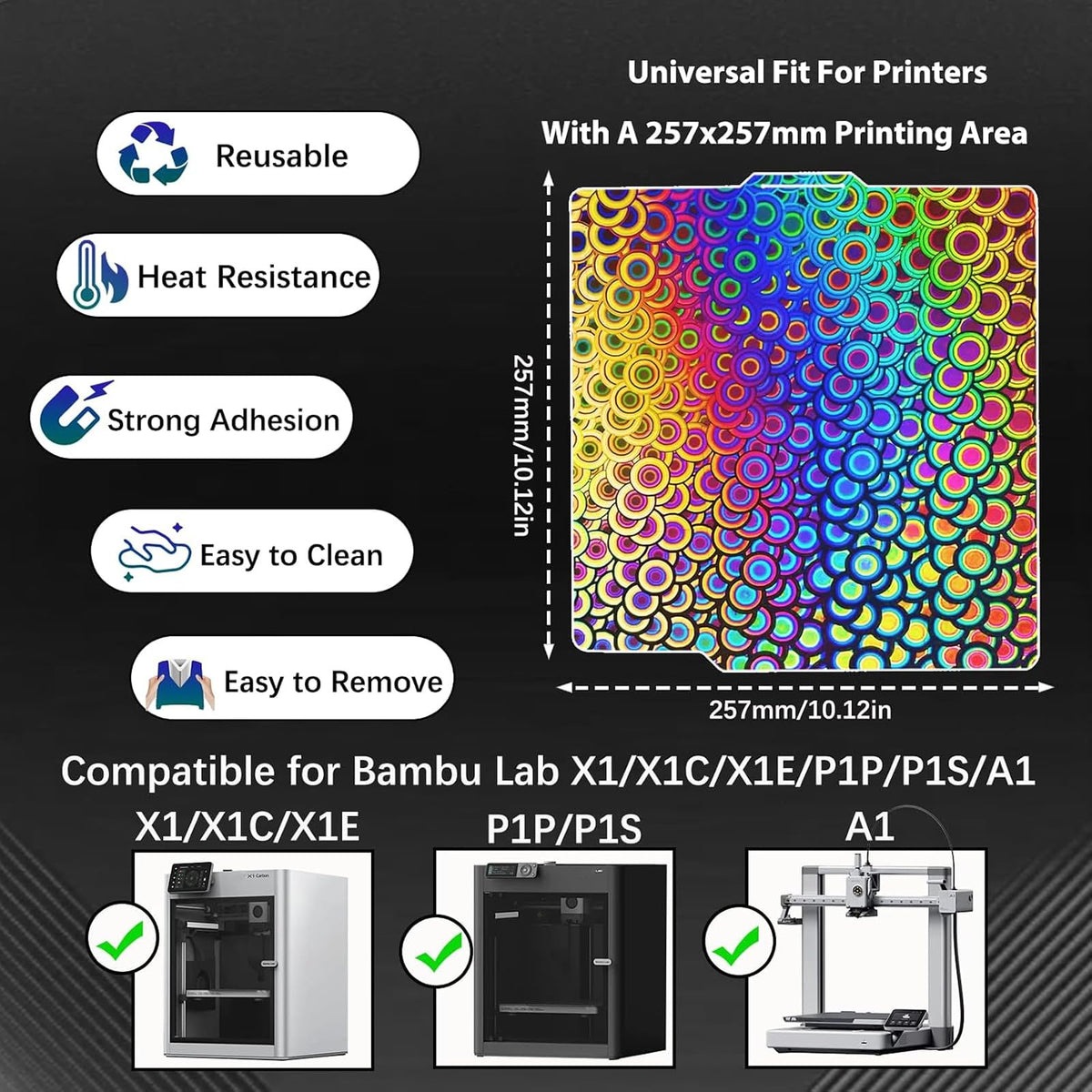JUUPINE 257x257mm Bambu Lab Build Plate for Bambu Lab X2D/A1/P1P/P1S /P2S/X1/X1C/X1E/3D Printer, 3D Printer Flexible Spring Steel Sheet Removable Platform (Smooth Kaleidoscope+Smooth Light Beam)