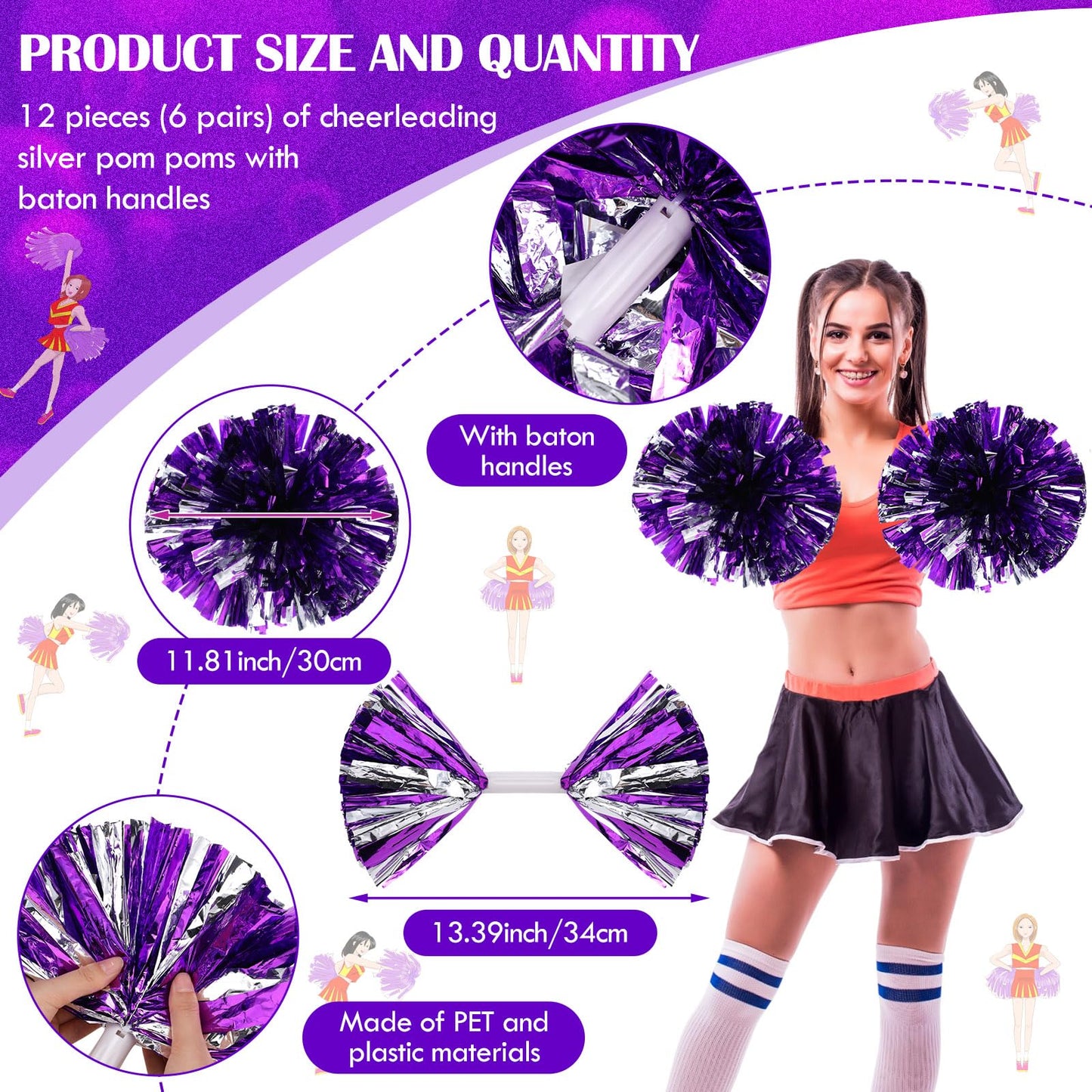 Cheerleading Pom Poms Bulk Metallic Foil Cheerleader with Baton Handle Plastic Ring