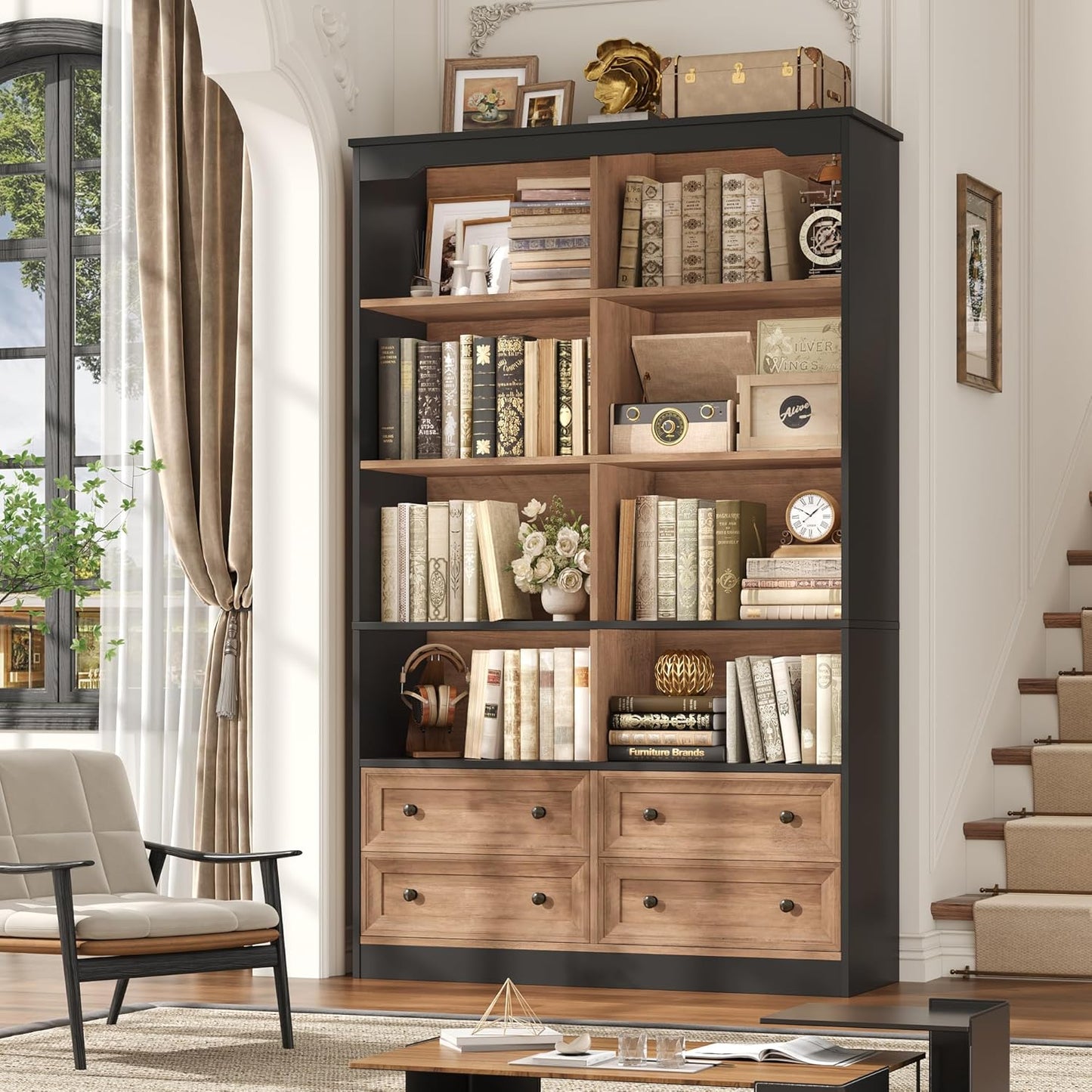FINETONES 71" Tall Bookshelf with 4 Drawers, 6-Tier Double Wide Bookshelves and Bookcases with Storage, Green Bookshelf Large Open Bookshelves Standing Book Cabinet for Home Office