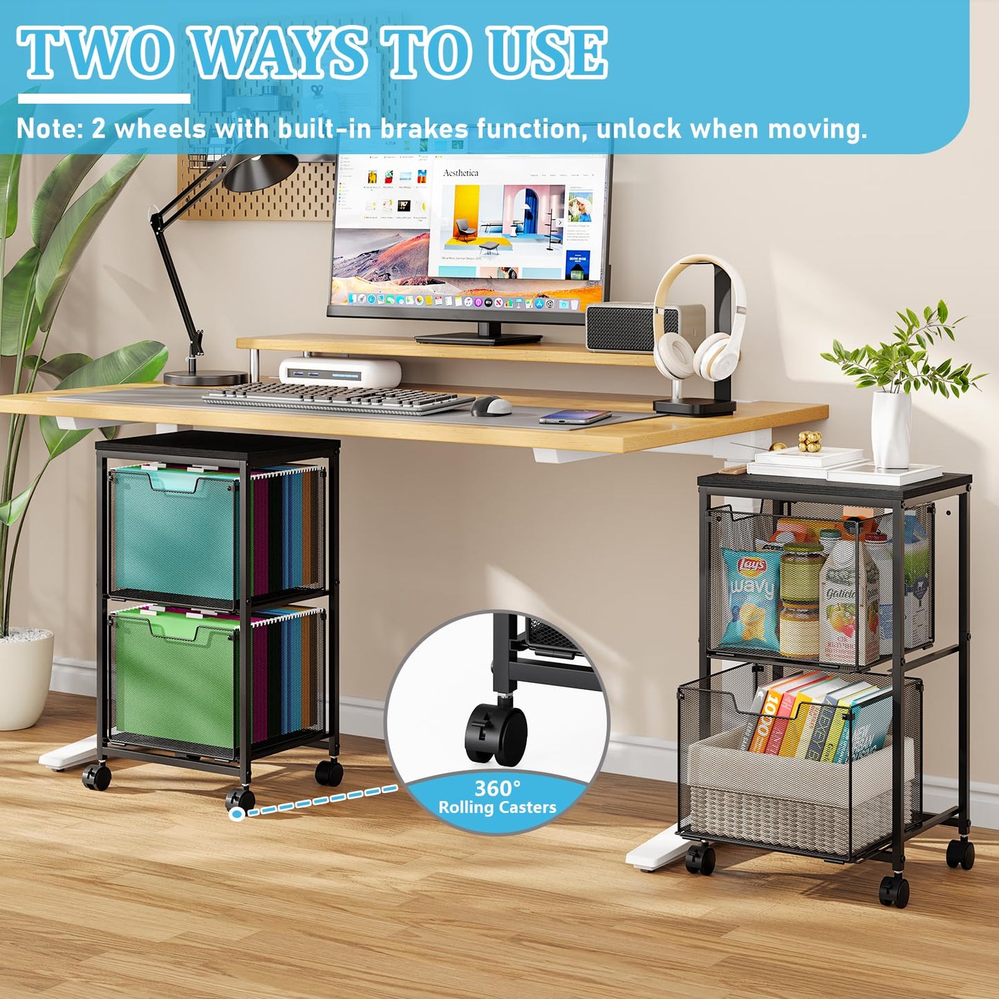 Rolling File Cart with 2 Storage Drawers, Mobile File Cabinet with Wheels, Hanging File Folder Organizer, Under Desk Storage, Printer Stand Utility Cart Filing Cabinet for Home Office,Black