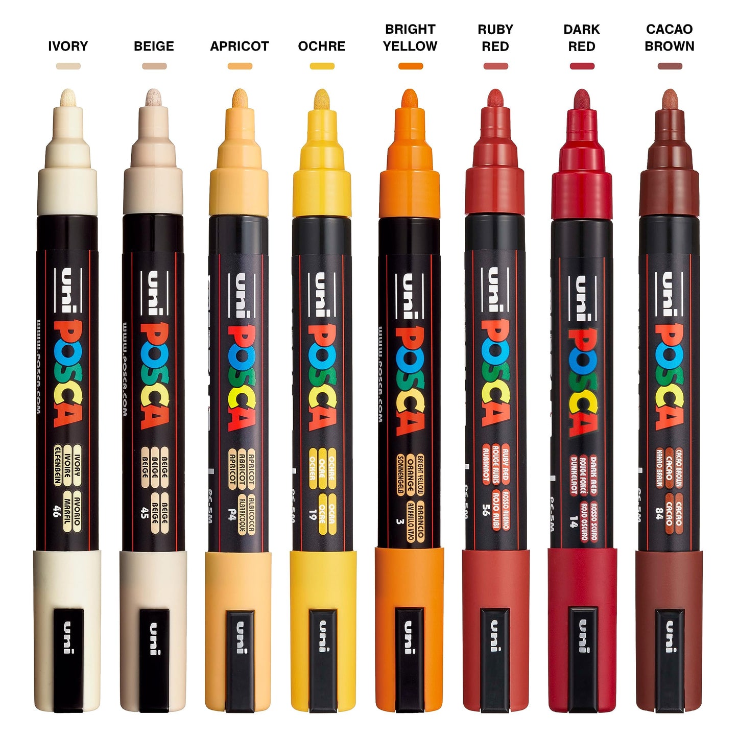 Posca Markers Set, 8 Medium Paint Markers 5M – Warm Tones – Ivory, Beige, Apricot, Ochre, Bright Yellow, Ruby Red, Dark Red, Cacao Brown