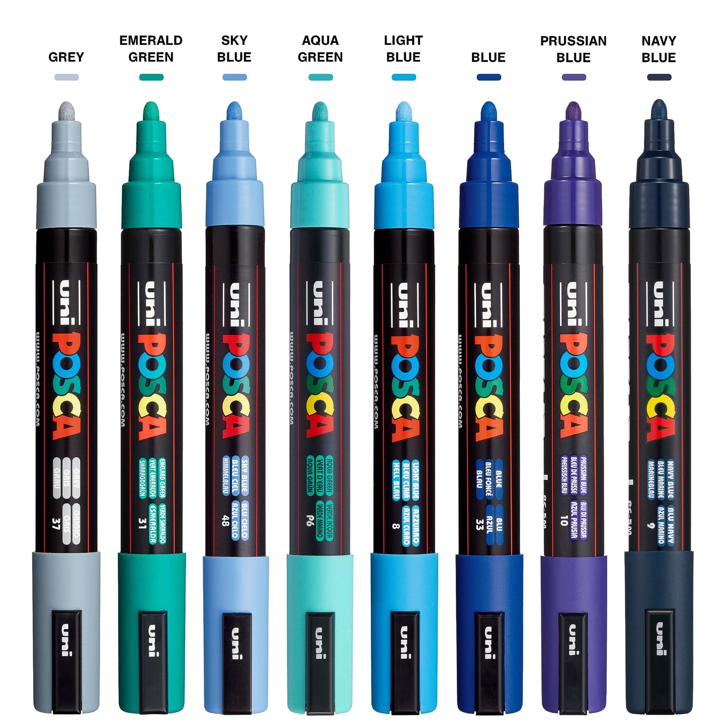 posca Markers Set, 8 Medium Paint Markers 5M – Cool Tone – Grey, Emerald Green, Sky Blue, Aqua Green, Light Blue, Blue, Blue