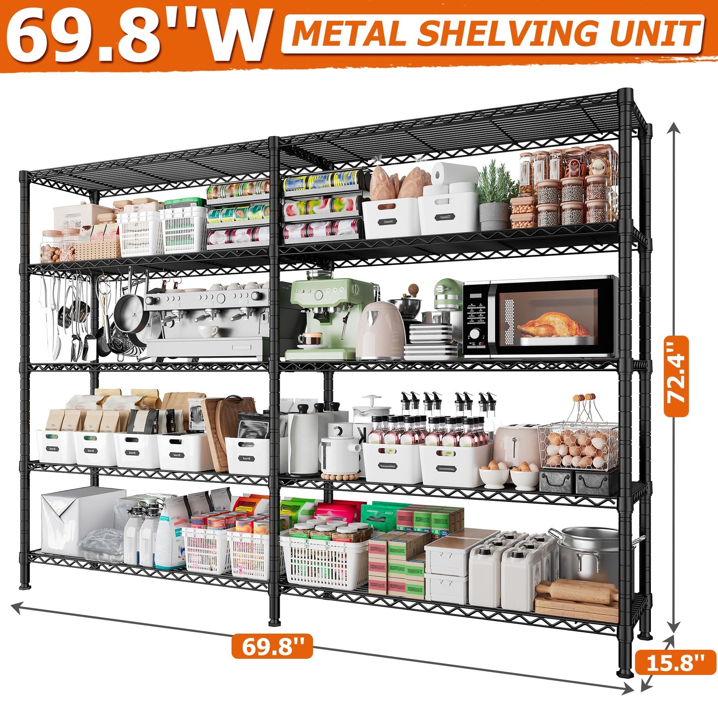 Metal Shelving 5 Tier Wire Shelving Unit, 69.8" Wx15.8 Dx72.4 H, Black