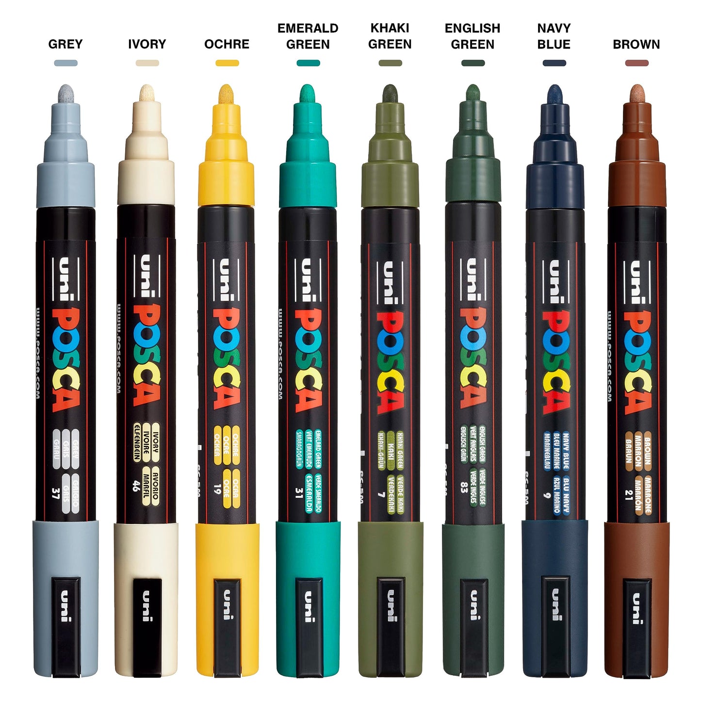 posca Markers Set, 8 Medium Paint Markers 5M – Earth Tones – Grey, Ivory, Ochre, Green, Navy Blue, Brown
