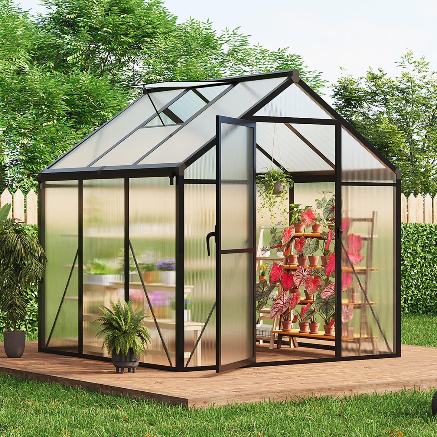 6 X 6 FT Greenhouse, Outdoor Greenhouses, Polycarbonate Panels with Aluminum Frame, Adjustable Roof Vent and Lockable Door, Green Houses for Outside Backyard, Garden, Patio