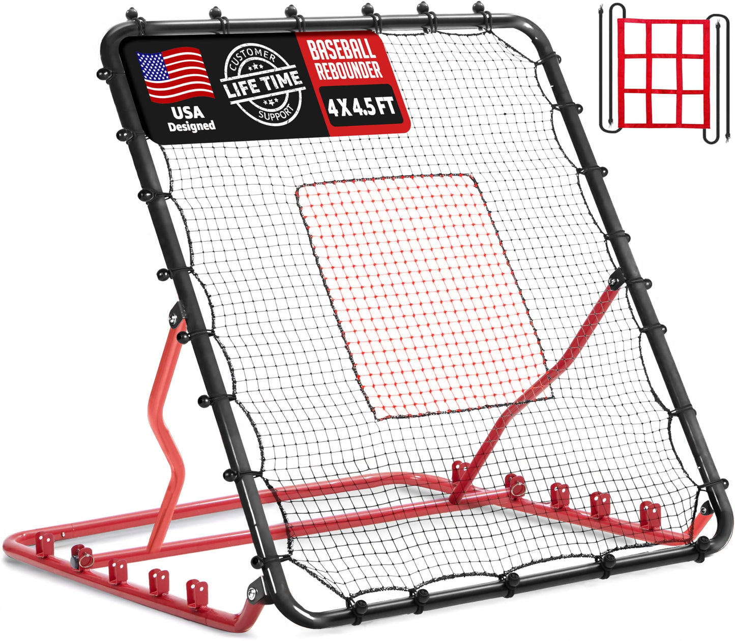 Baseball Rebounder Net, 5 Adjustable Angles 4x4.5FT Pitch Back Baseball Softball Volleyball Rebounder with 2 Strike Zones
