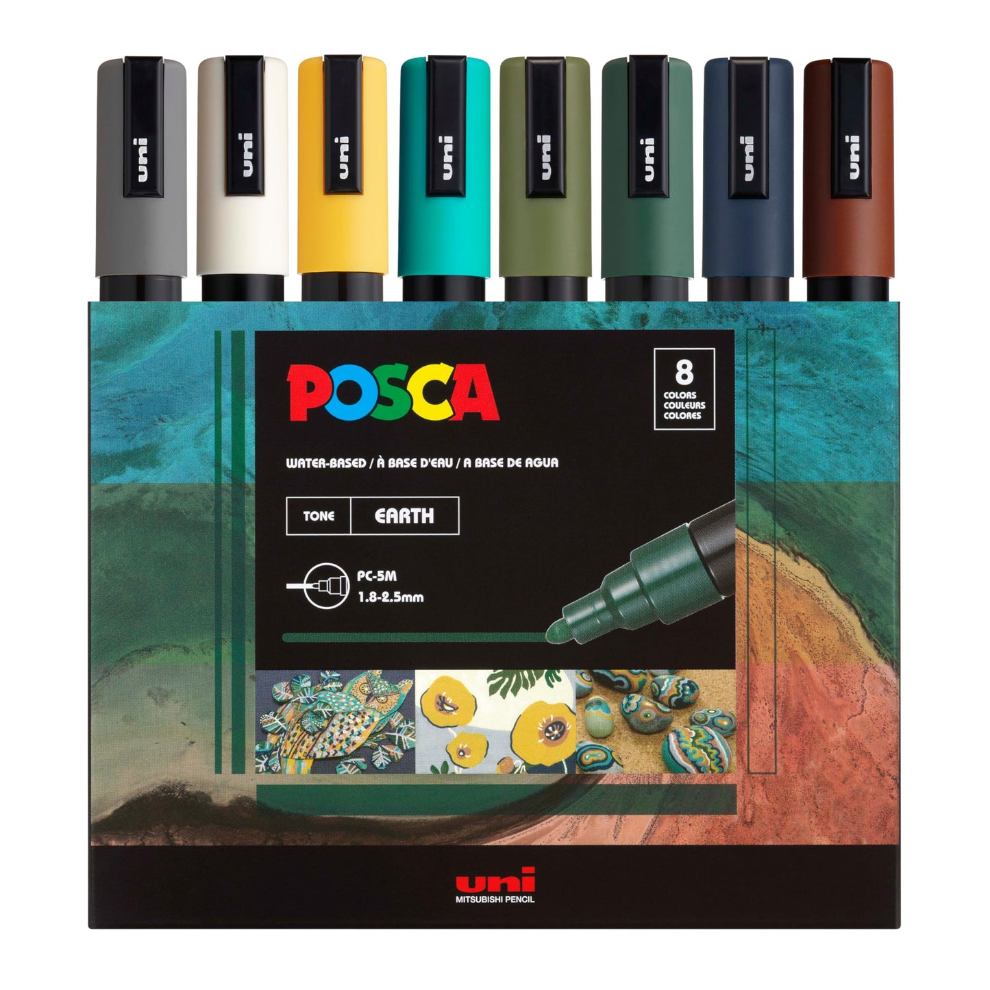 posca Markers Set, 8 Medium Paint Markers 5M – Earth Tones – Grey, Ivory, Ochre, Green, Navy Blue, Brown