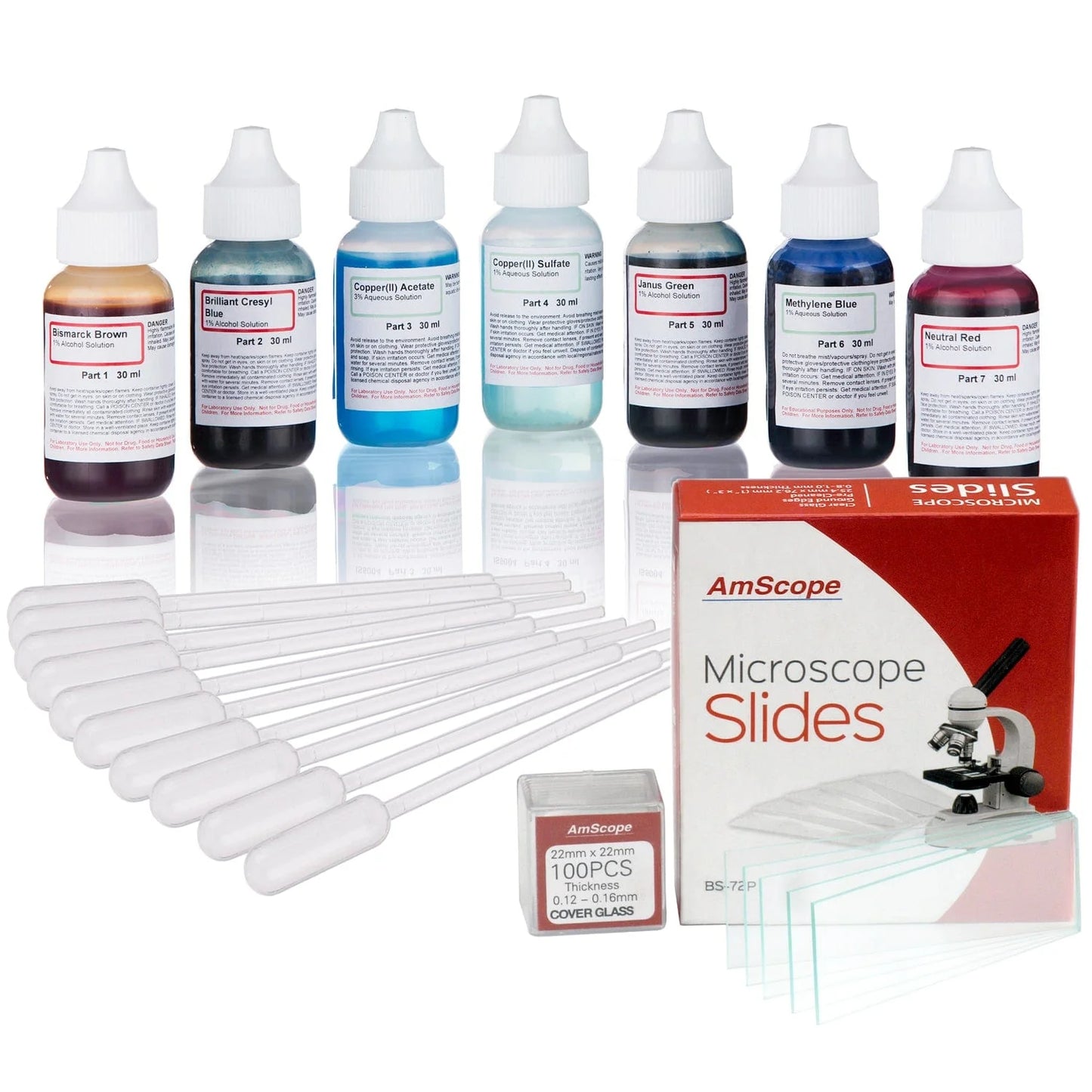 AmScope Vital Stain Kit for Living Cells – Microscope Slide Stains, Pipettes & 72 Slides
