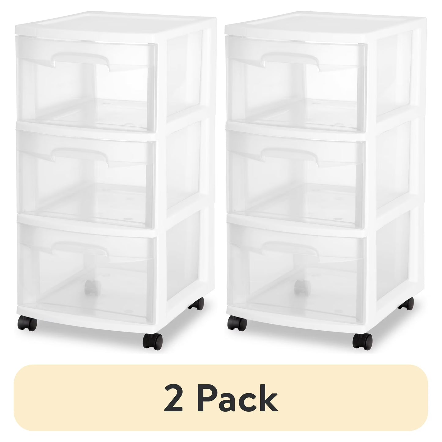 2 Pack Plastic Storage Organizer, 3 Drawer Rolling Bin Cart