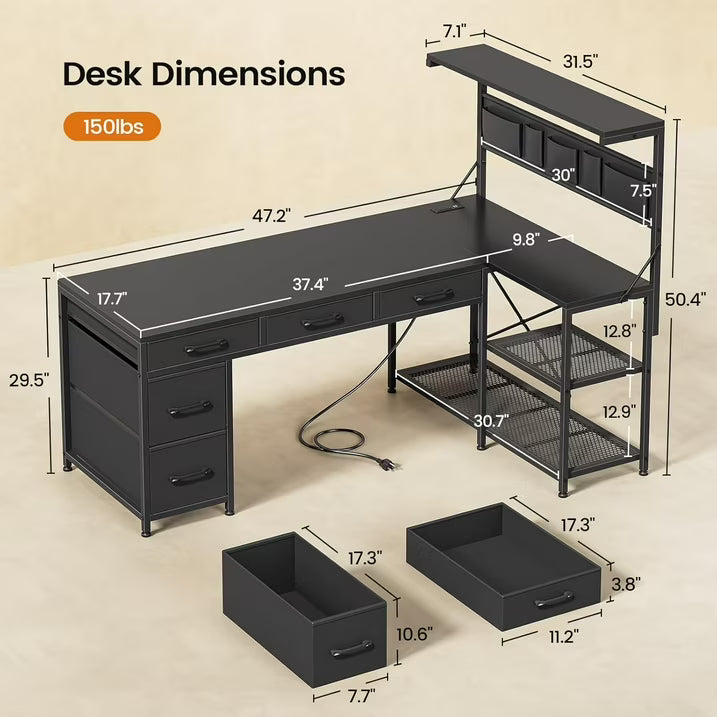 47" L Shaped Desk with 5 Drawers & Hutch