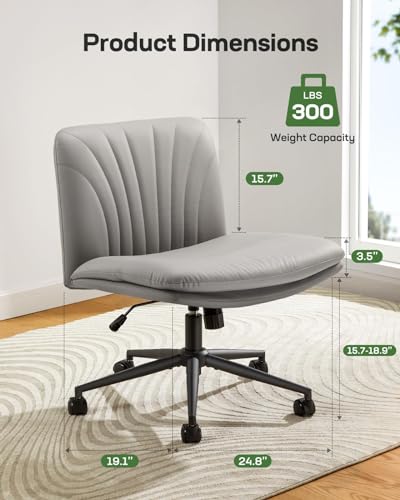 Marsail Armless-Office Desk Chair with Wheels: PU Leather Cross Legged Wide Chair,Comfortable Adjustable Swivel Computer Task Chairs for Home,Office,Make Up,Small Space,Bed Room, Grey