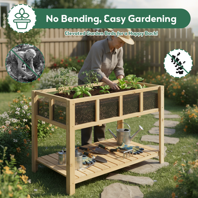 Raised Garden Bed Wooden Elevated Planter Box with Legs, Shelf for Outdoor
