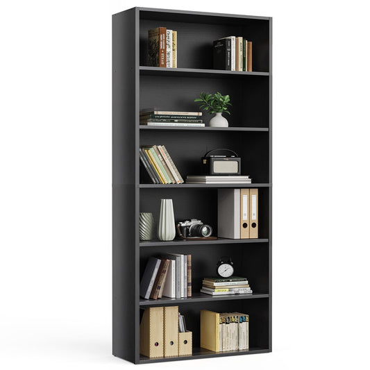 Sweetcrispy Industrial 6 Shelf Bookcase - Large 63 Inch Tall Floor Standing Open Bookshelf with Anti-Tipping Device for Home Office, Living Room, and Bedroom Storage, Black