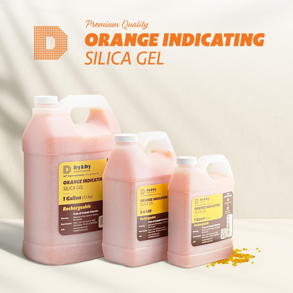 "Dry & Dry" [1 Quart] Premium Orange Indicating Silica Gel Desiccant Beads(Industry Standard 3-5 mm) - Rechargeable Silica Gel Beads(2 LBS)