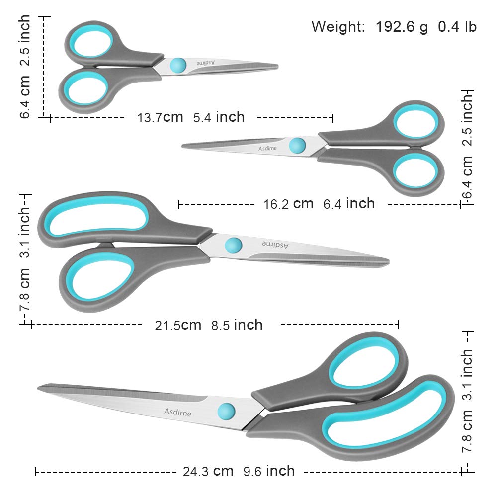 Asdirne Scissors Set of 4, 9.6''/8.5''/6.4"/5.4", Blue & Gray