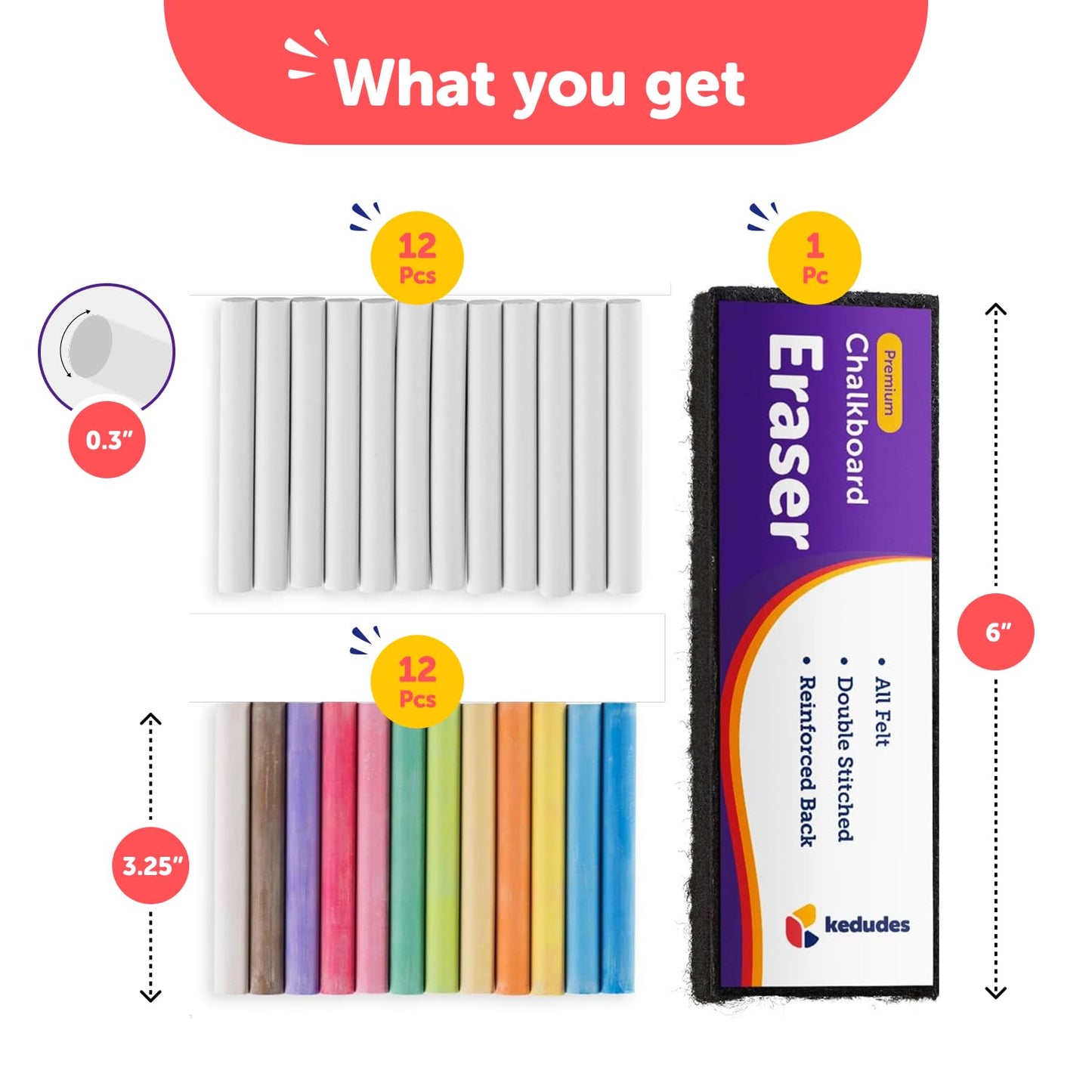 kedudes Dustless Chalk with Eraser, 24pk - 12 Colored Chalkboard Chalks and 12 White Chalk