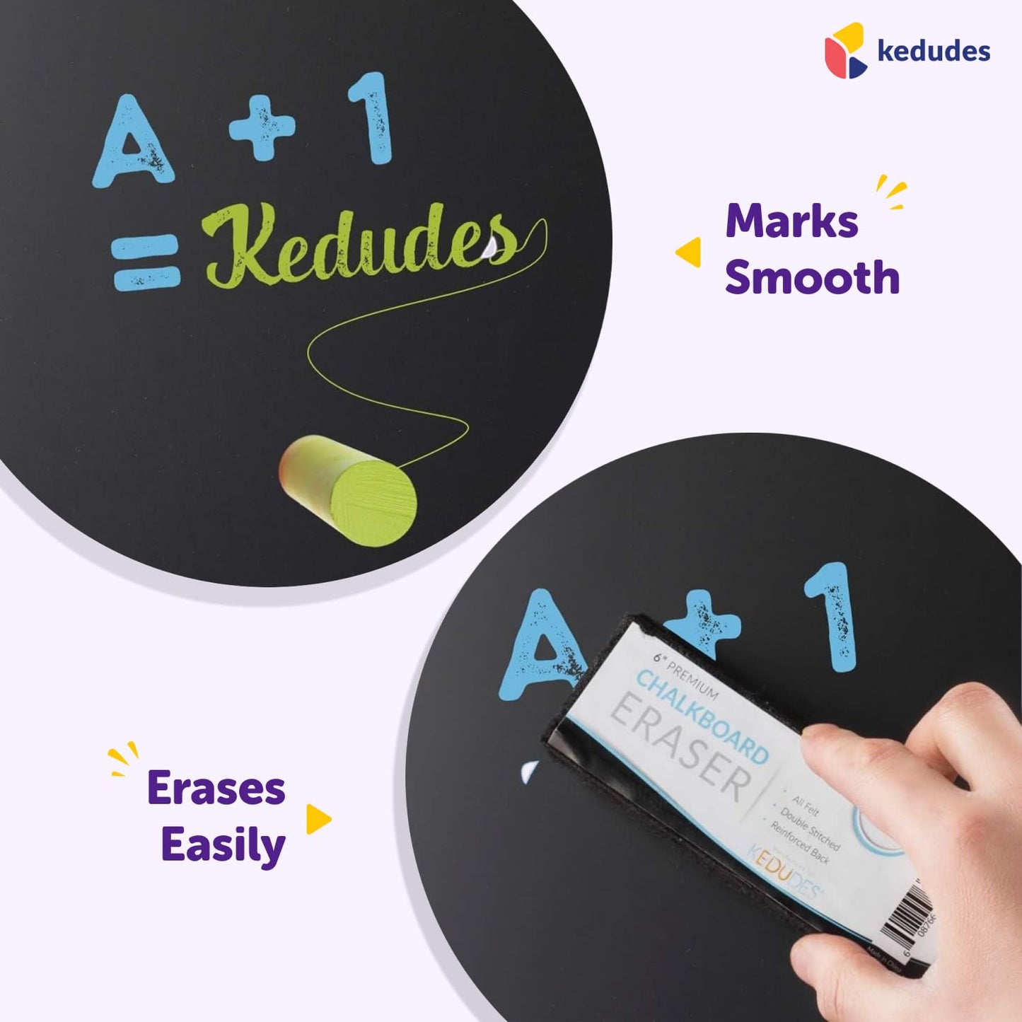 kedudes Dustless Chalk with Eraser, 24pk - 12 Colored Chalkboard Chalks and 12 White Chalk