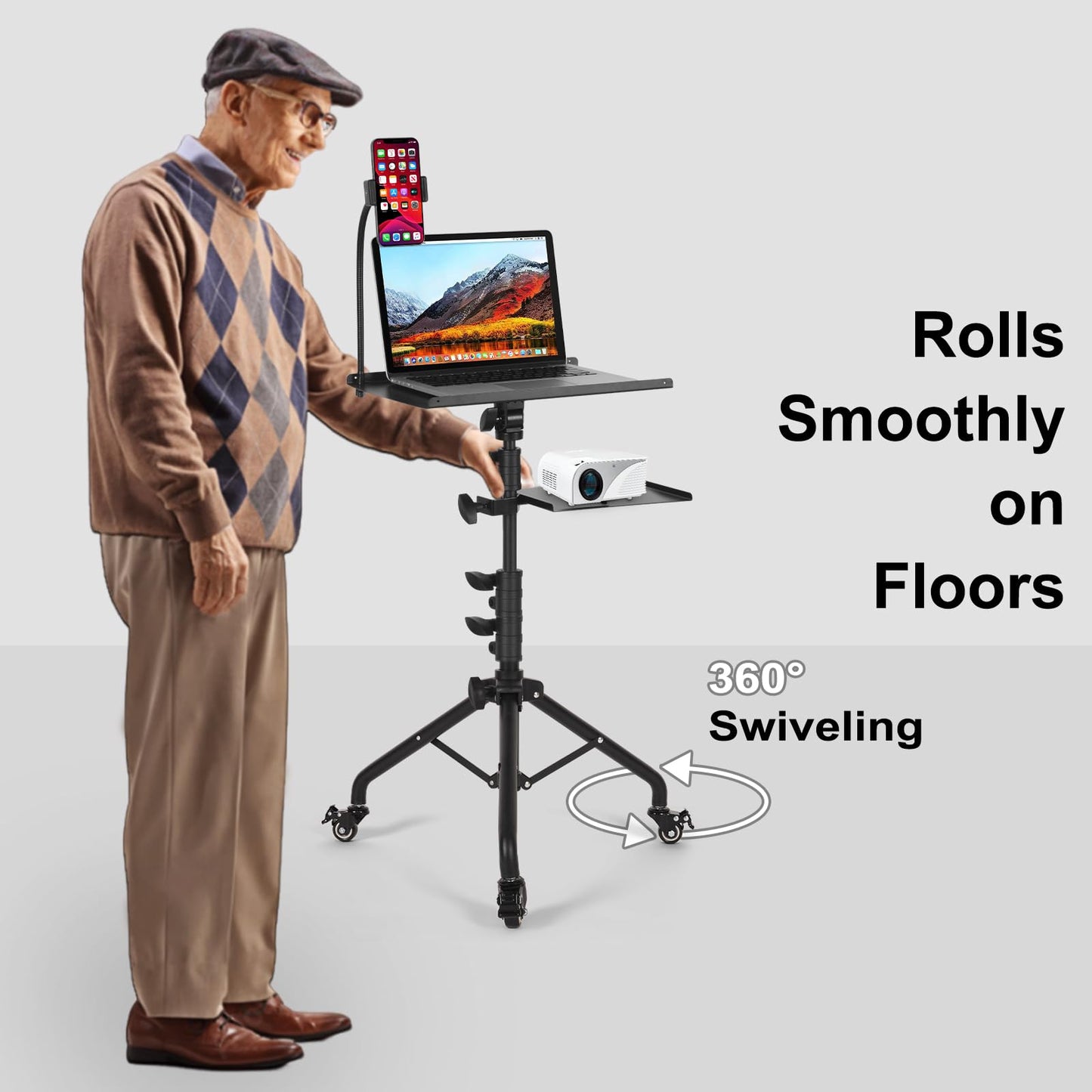 Laptop Tripod on Wheels with 2 Shelves