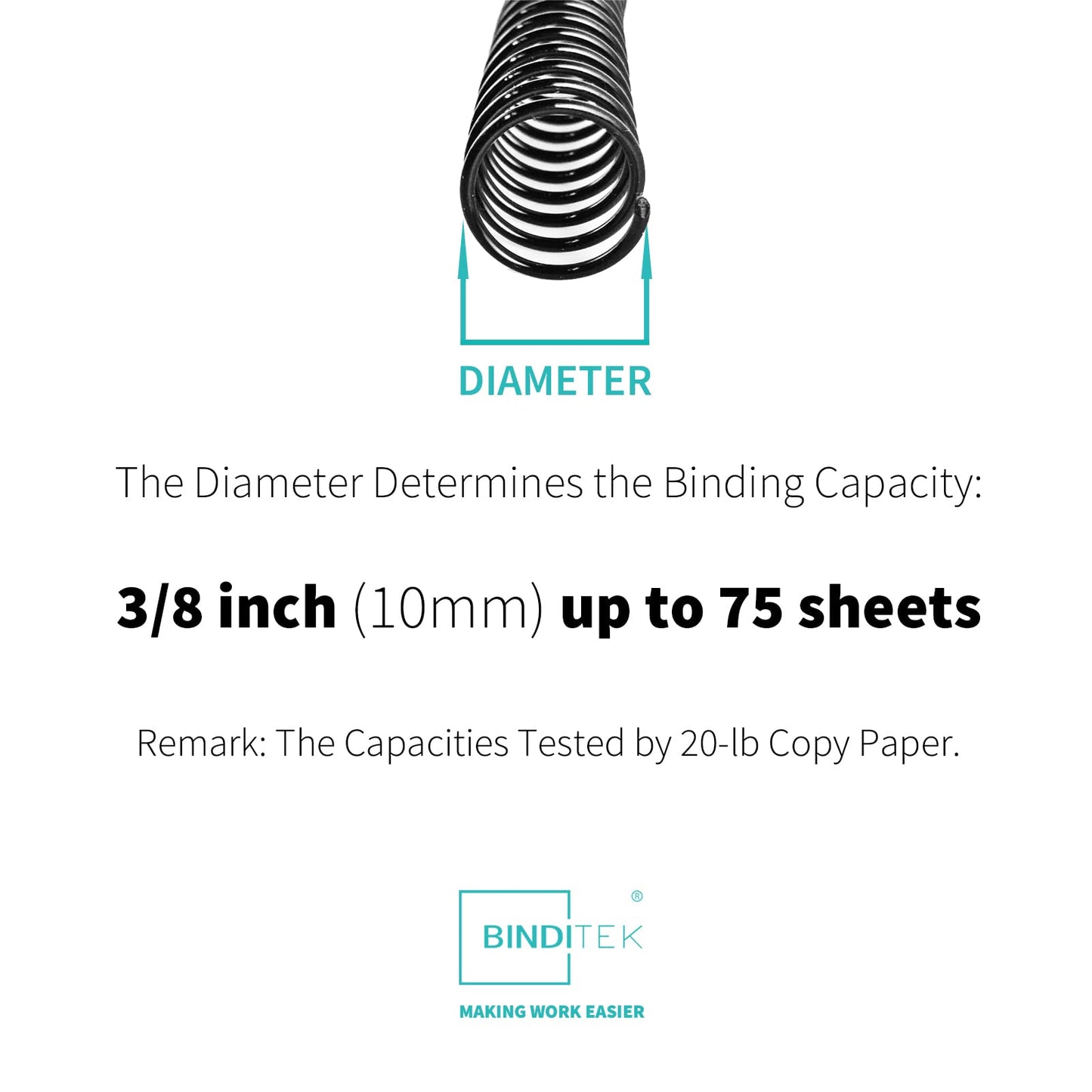 Binditek 50 Pack Plastic Spiral Binding Coils, 10mm(3/8"), 75 Sheet Capacity, 4:1 Pitch,