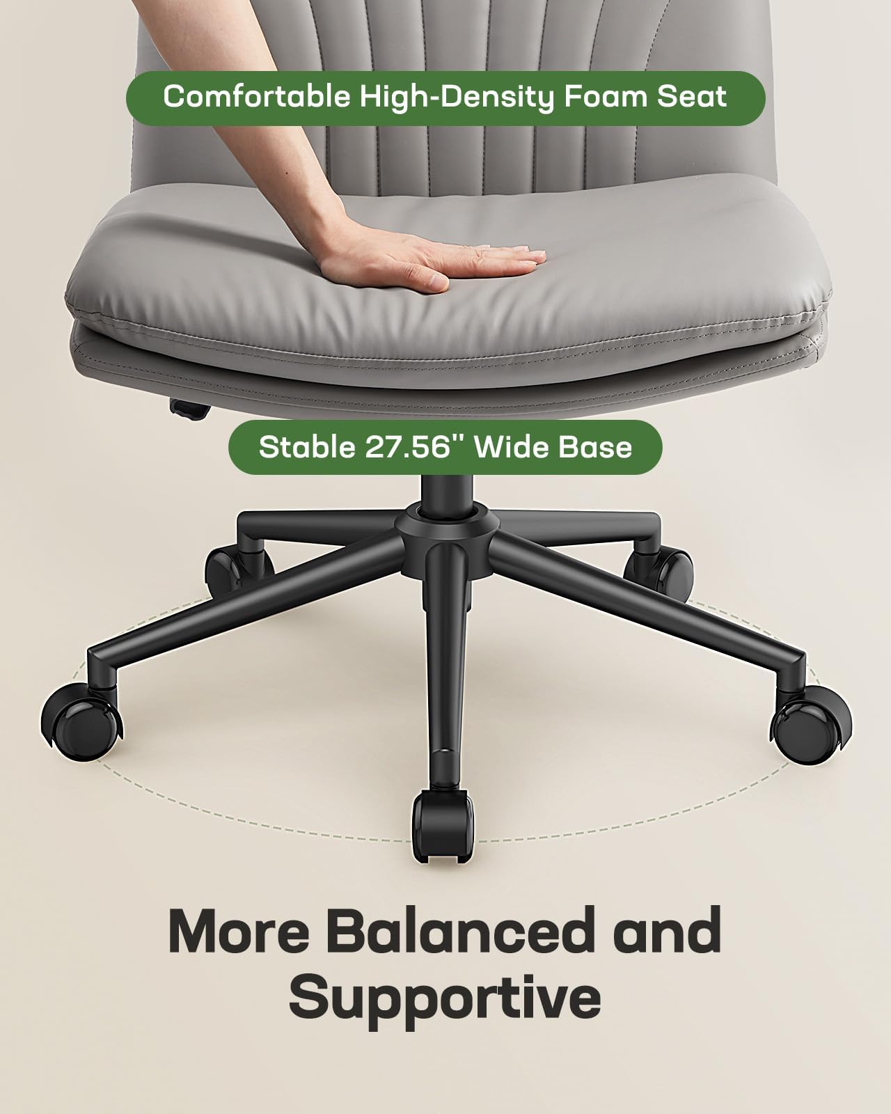 Marsail Armless-Office Desk Chair with Wheels: PU Leather Cross Legged Wide Chair,Comfortable Adjustable Swivel Computer Task Chairs for Home,Office,Make Up,Small Space,Bed Room, Grey