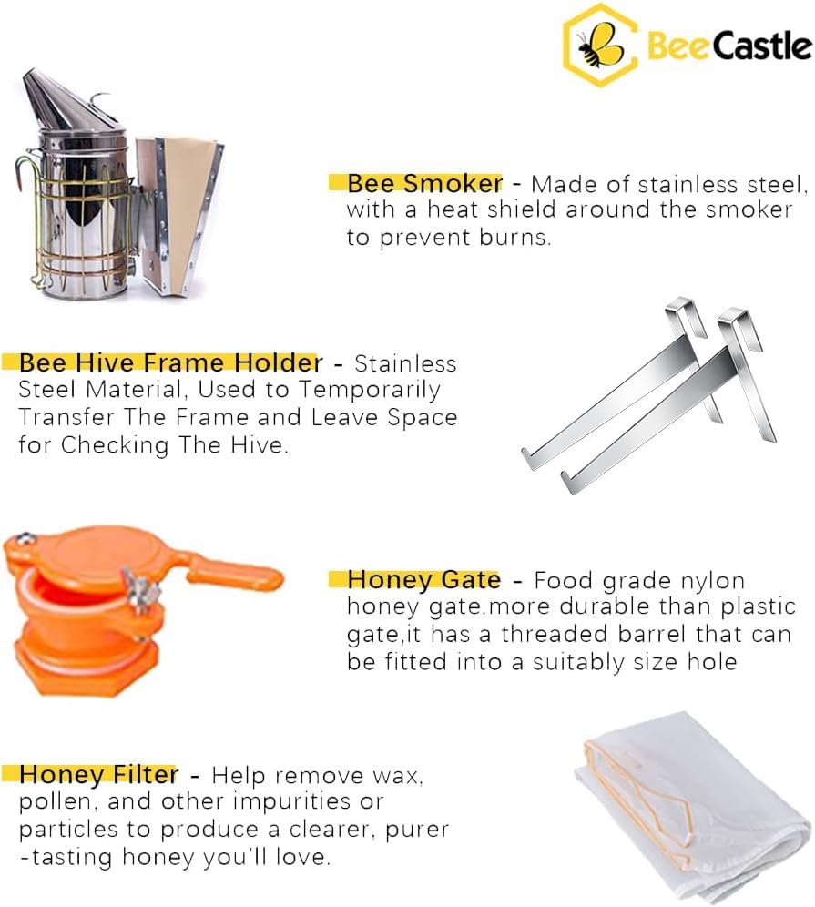 10-Frame Bee Hives and Supplies Starter Kit,Beehive Kit Dipped in 100% Beeswax,Bee Keeping Supplies-All Beginners Kit Includes Beekeeping Supplies Tool Set and Bee Suit.