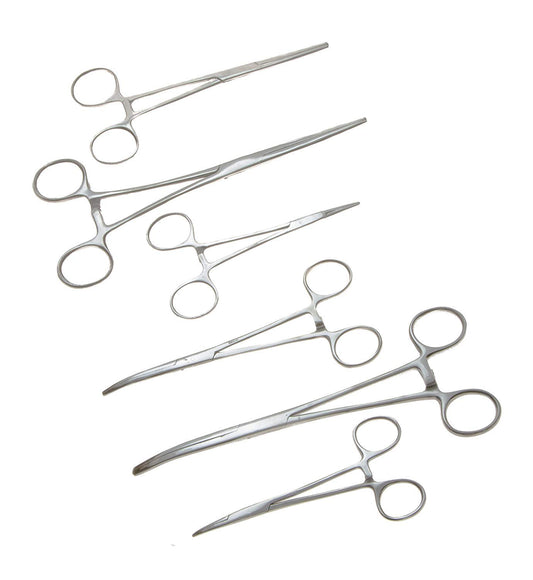 Apical 6-Piece Hemostat Forceps Set - Stainless Steel Straight & Curved Clamps, 6 Piece Multi-Purpose Locking Forceps for Fishing, Crafts, Medical, and Hobby Use (8", 6.25" and 5")